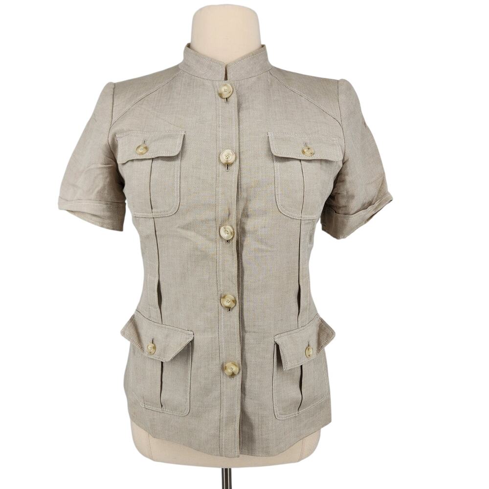 Calvin Klein Linen Blend Safari Jacket Size 14 Tan Short Sleeve